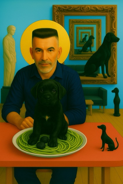 Surreal Dining with Man and Puppy