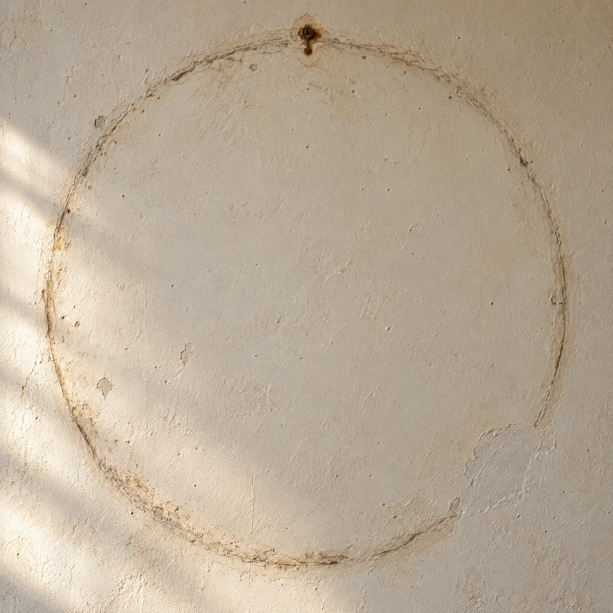A faint circular mirror trace on warm plaster, interrupted by a repaired patch.