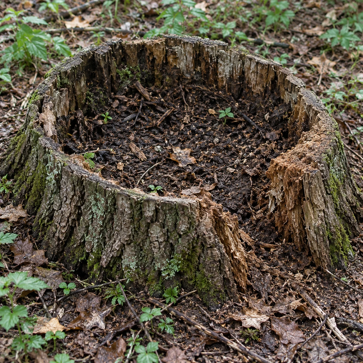 A hollow decaying stump with one opening through its bark collar.