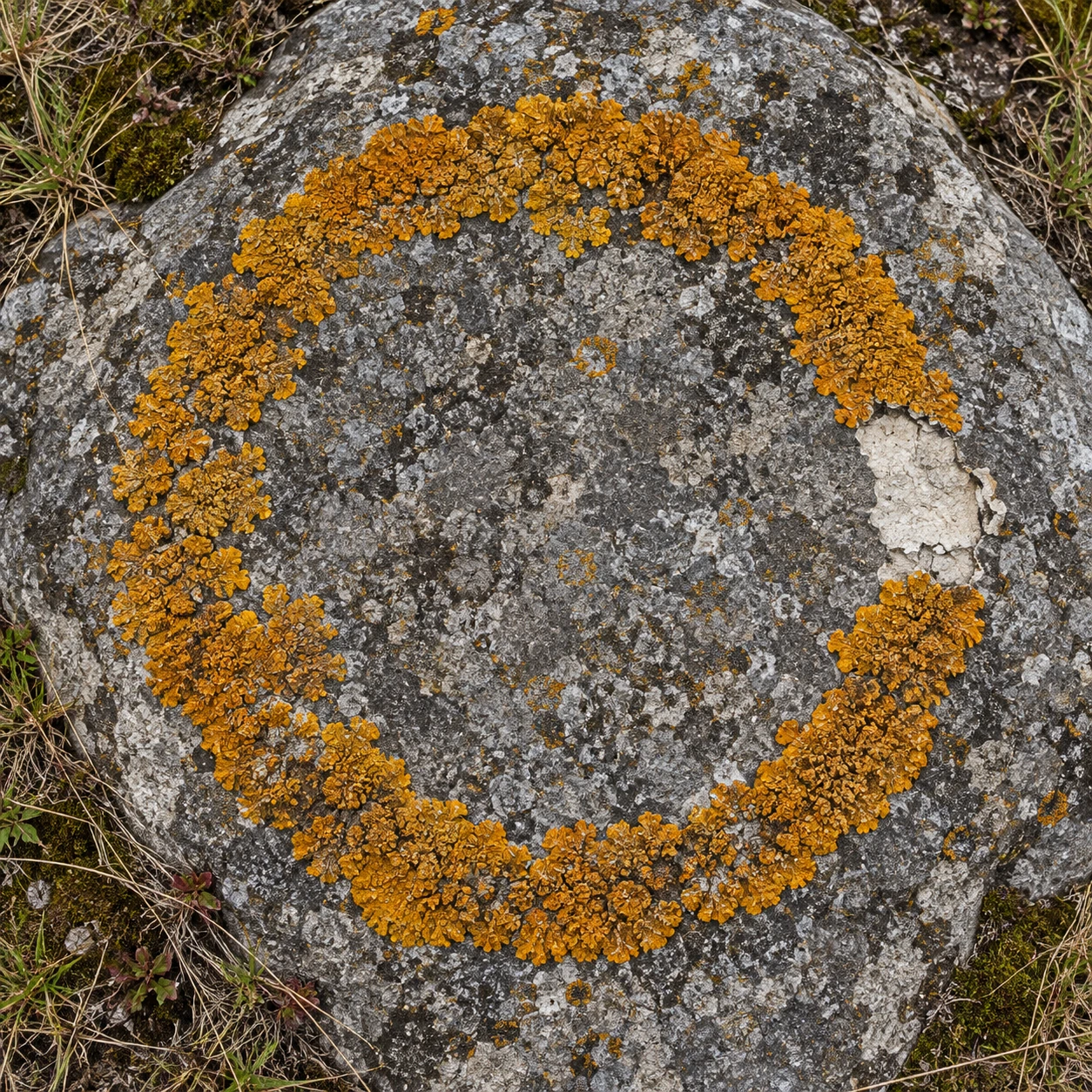 Ochre lichen forms a near-circle around a pale flaked patch of stone.