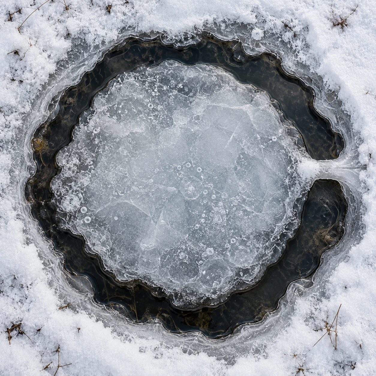 Dark meltwater almost encircles pale ice, interrupted by one white ice bridge.