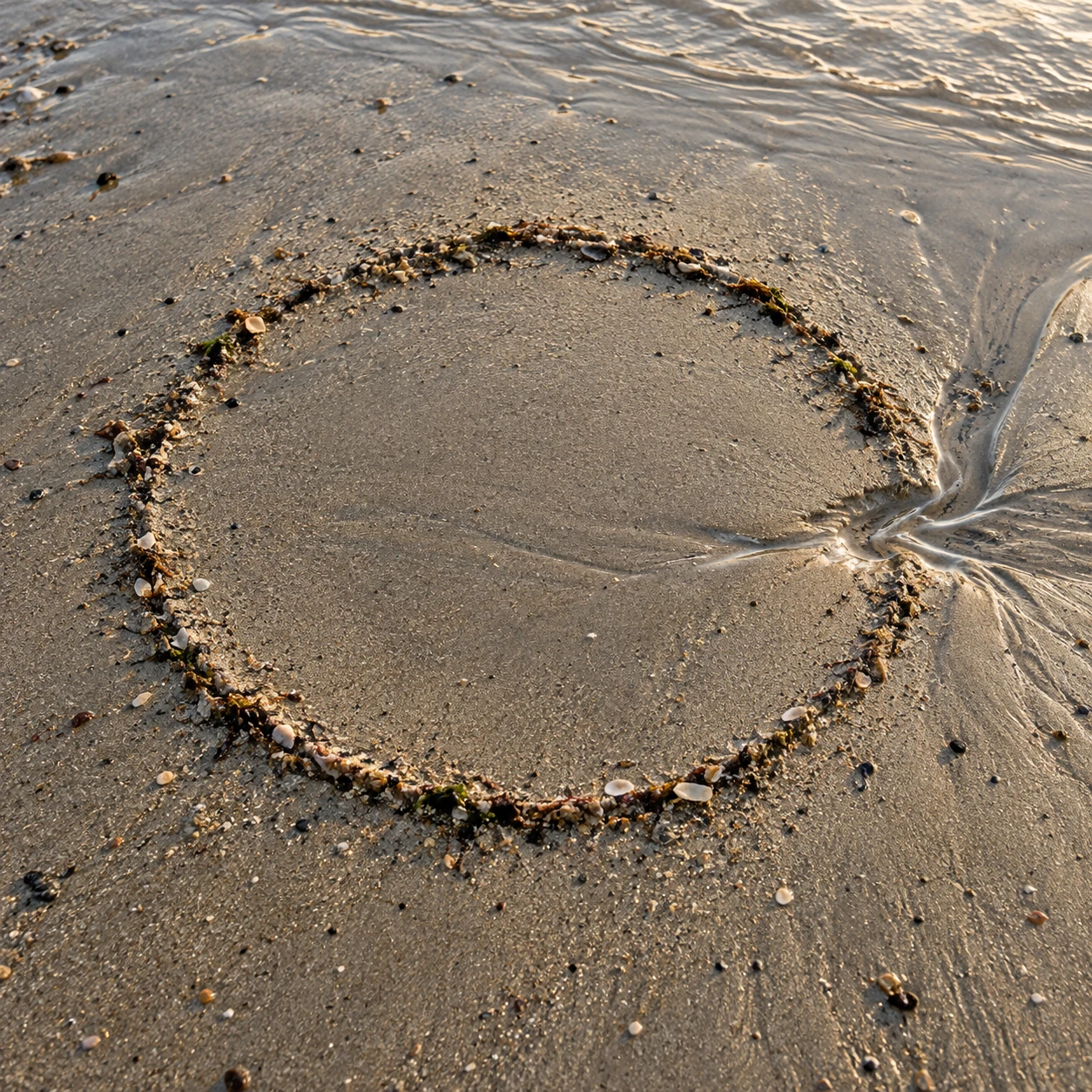 A nearly circular sediment ridge on wet sand, cut by a small rivulet.