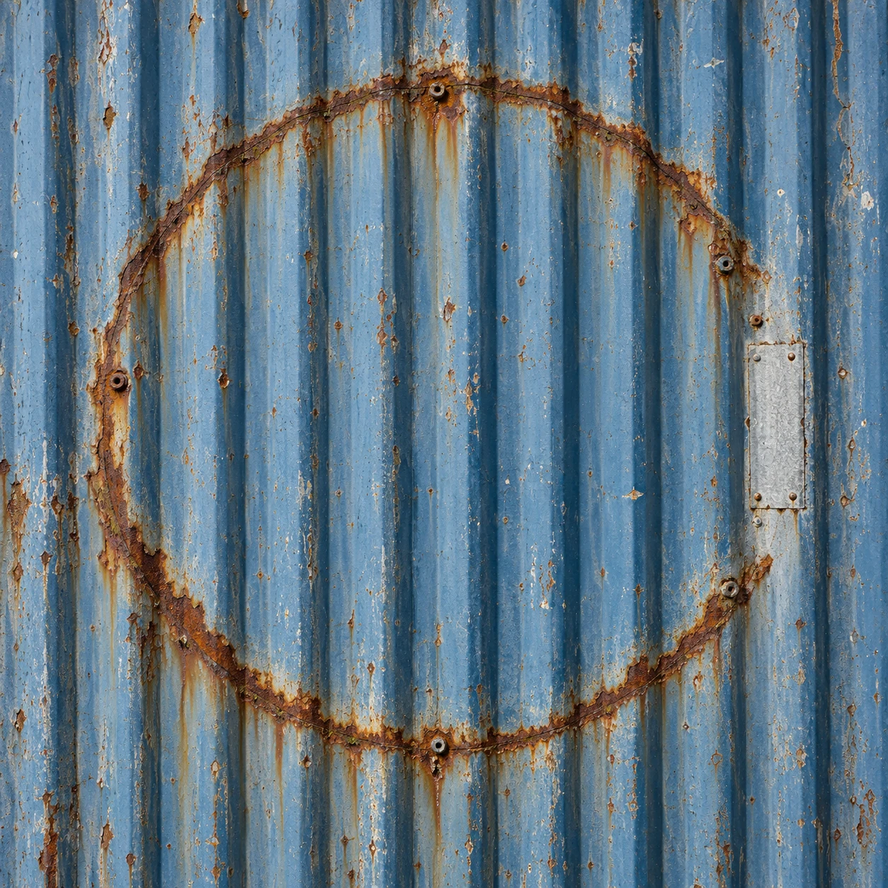 A rusty circular sign scar on corrugated blue metal, interrupted by a repair.