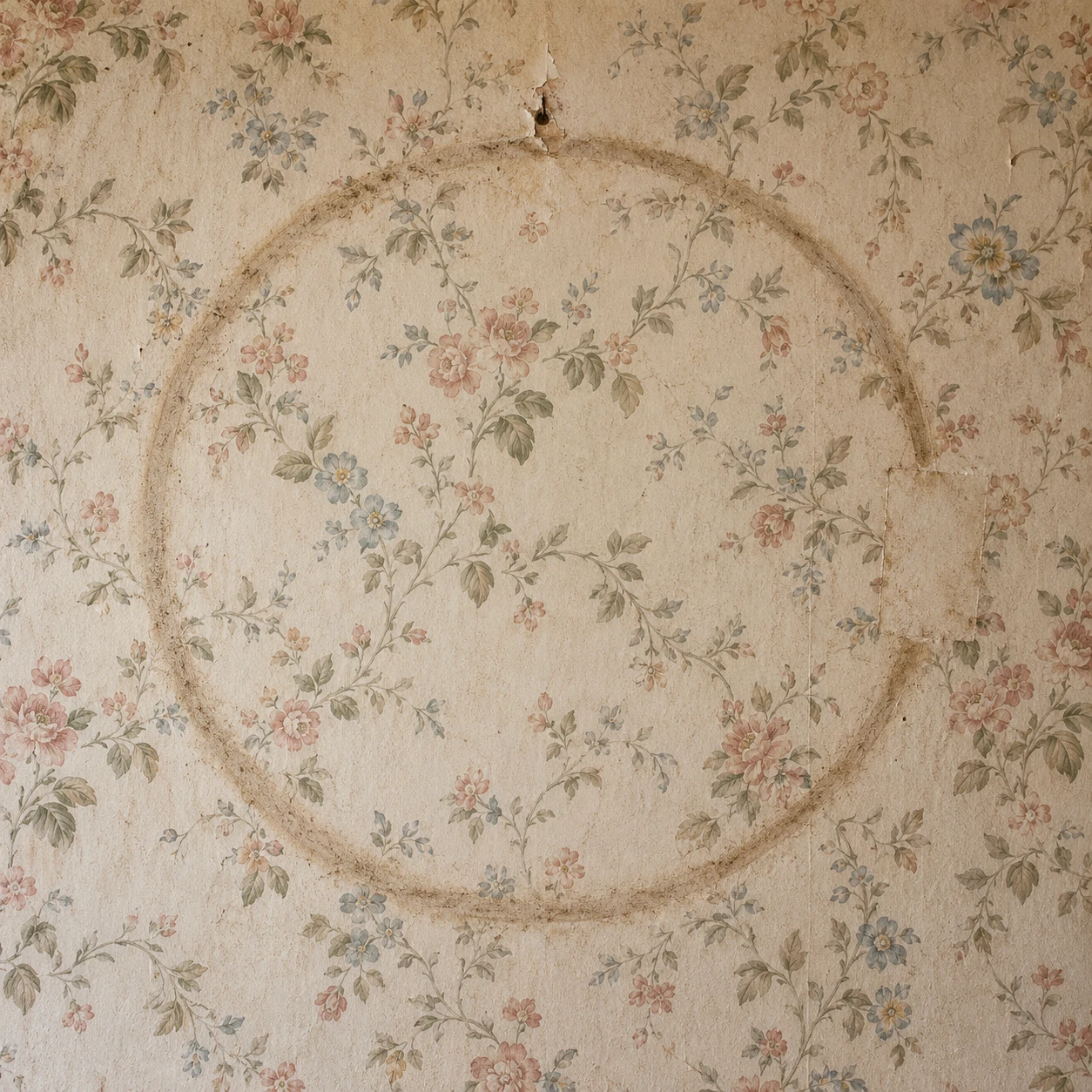 A dusty clock outline on floral wallpaper, broken by a small patch.