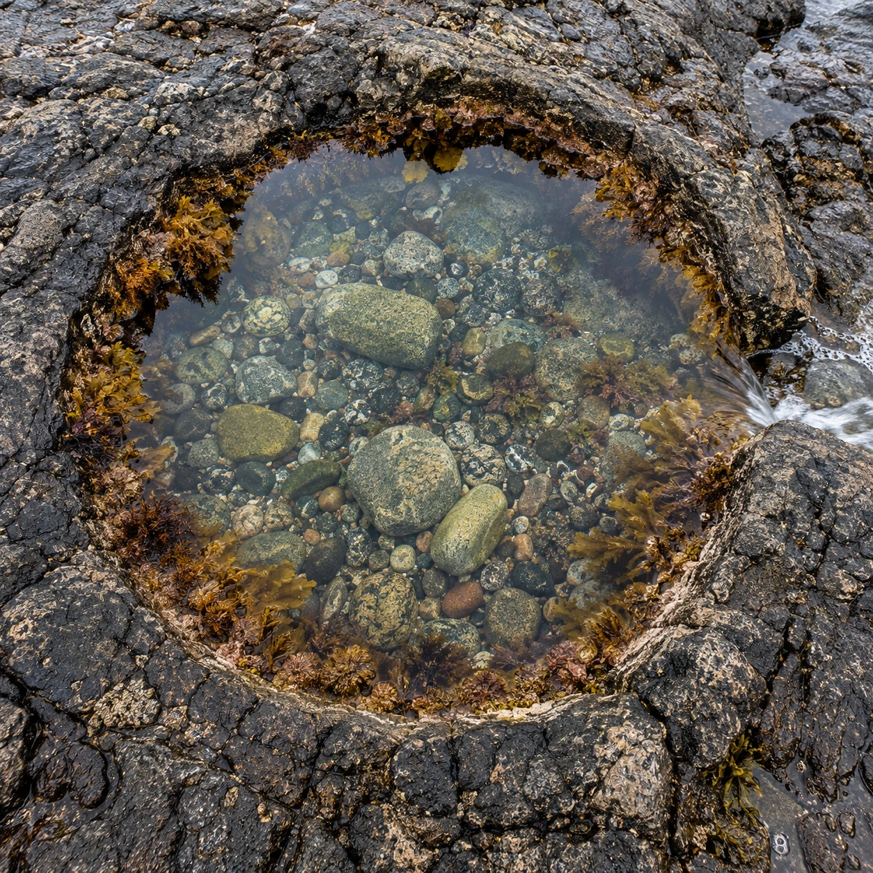 Clear water enclosed by an irregular rock lip with a single eroded spillway.