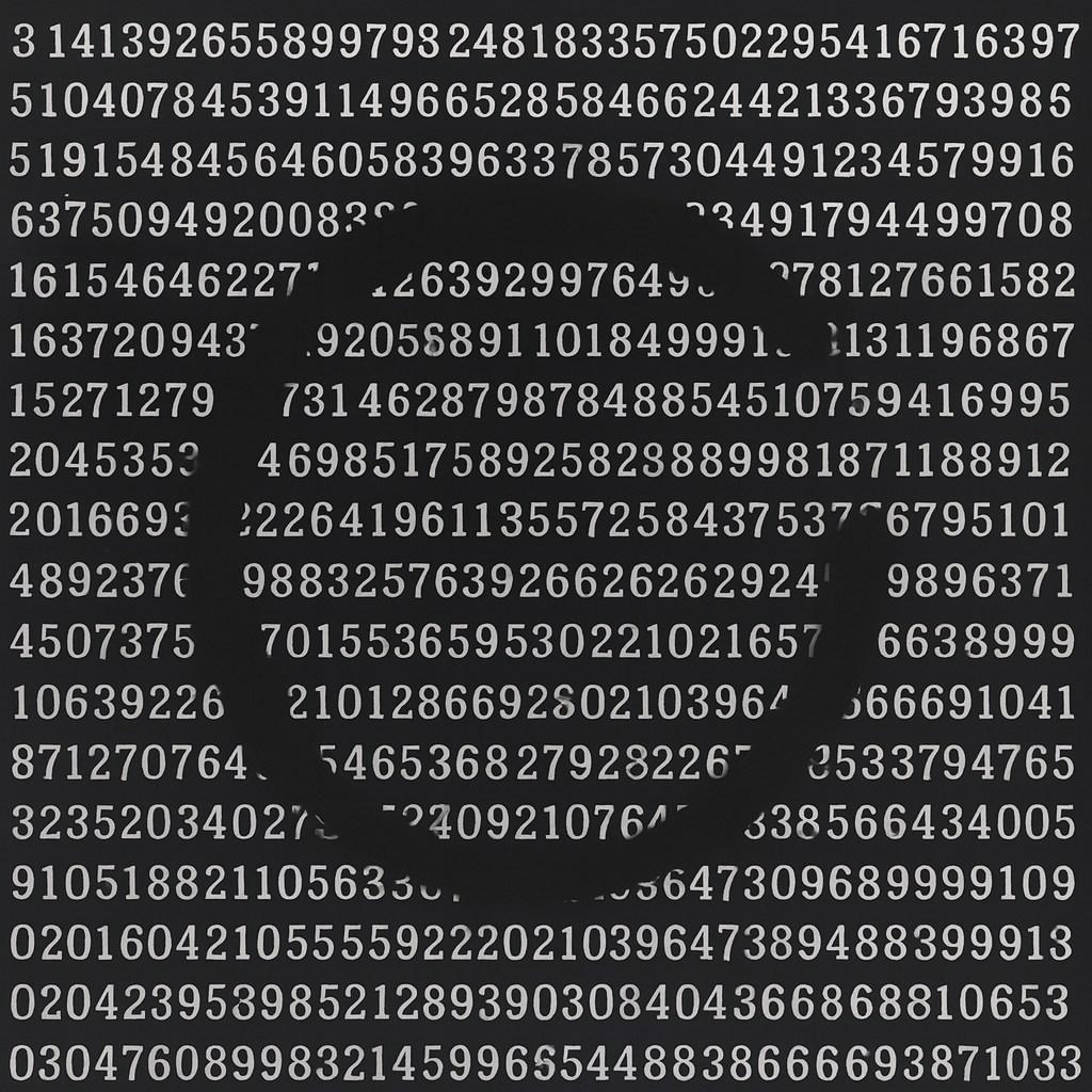 Digits of pi filling a square; a centered single-gap broken circle is present but has no outline, implied only by absence. High-contrast white on black.